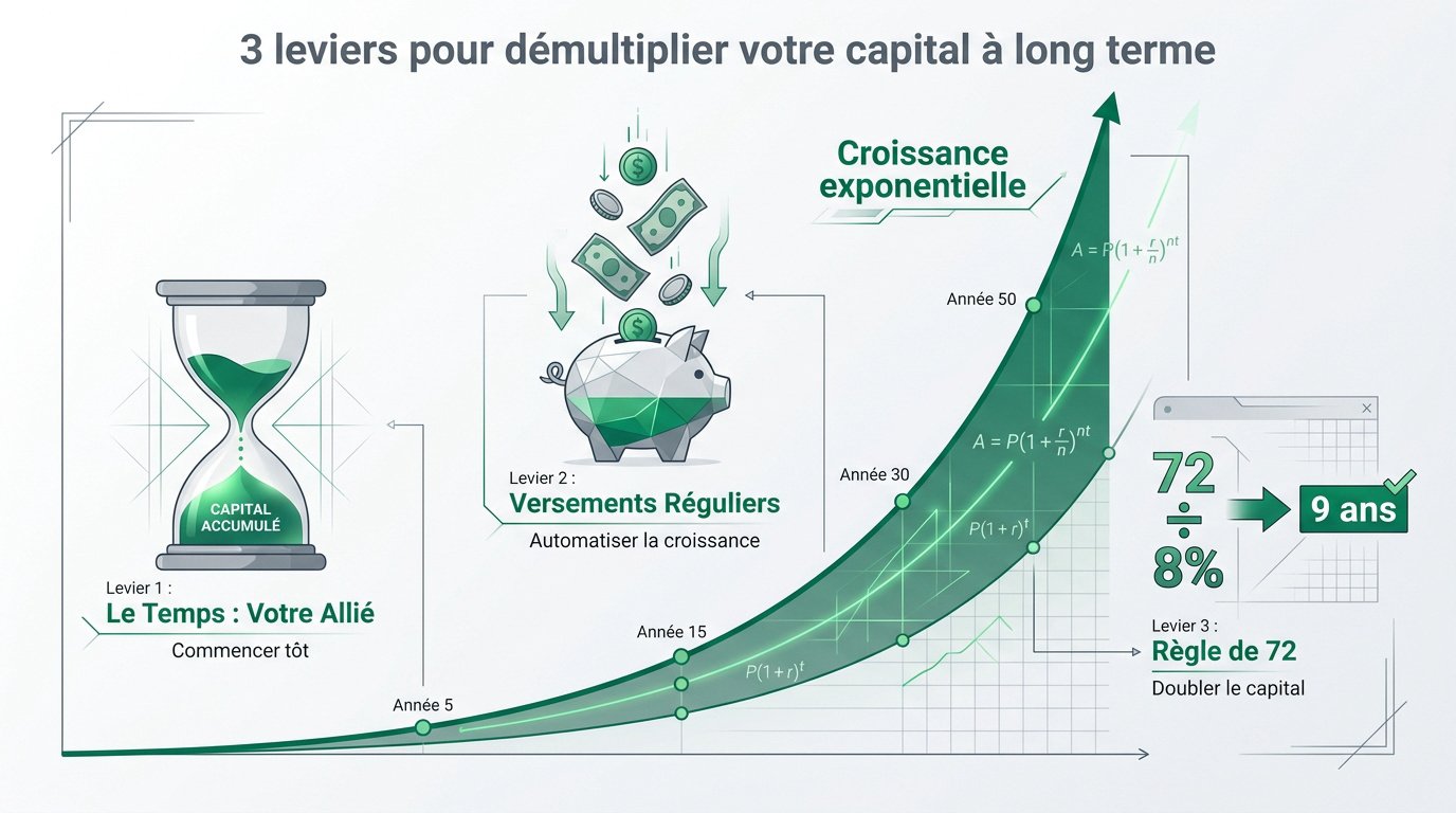 Graphique illustrant la croissance exponentielle du patrimoine grâce aux intérêts composés