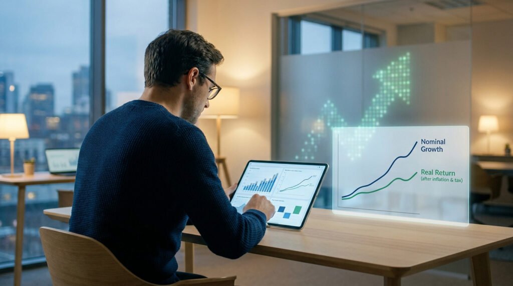 Un homme d'affaires analyse des graphiques de croissance financière et de rendement réel sur une tablette.