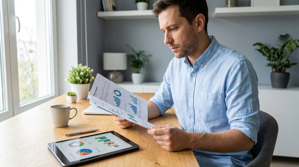 Un homme concentré étudie un rapport financier avec des graphiques sur papier et une tablette numérique.