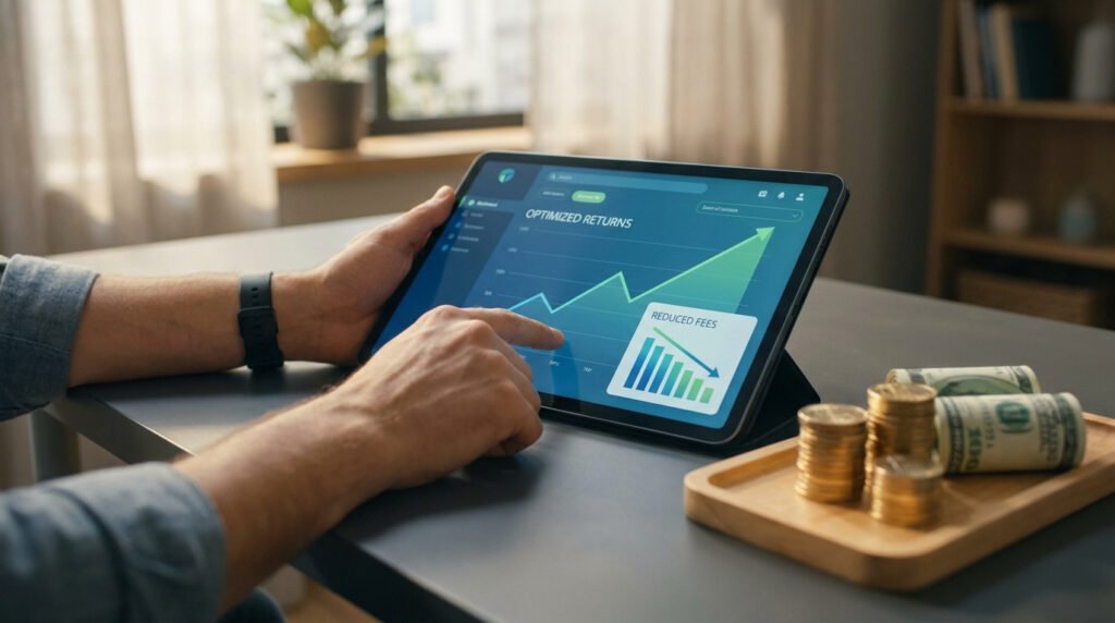 Une personne consulte des graphiques financiers sur une tablette montrant des rendements optimisés et des frais réduits.