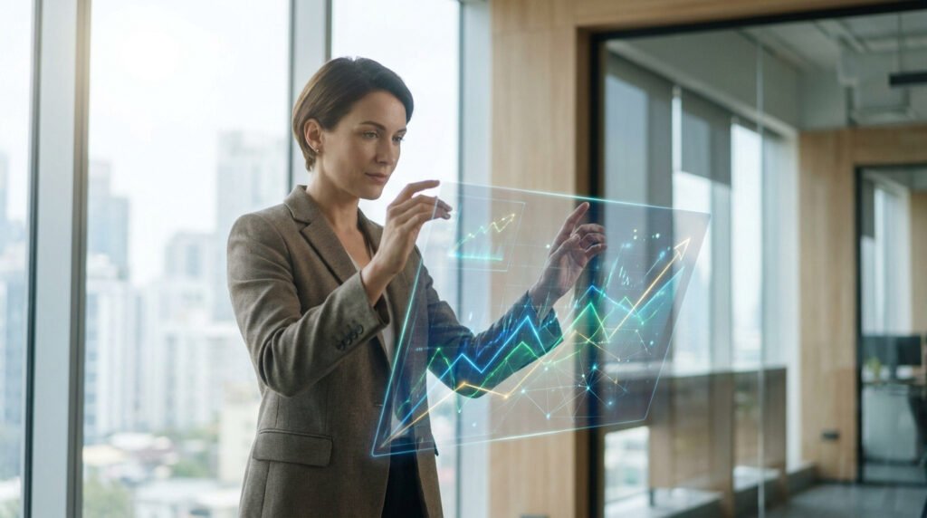 Une femme d'affaires analyse des graphiques de données financières sur un écran holographique transparent.