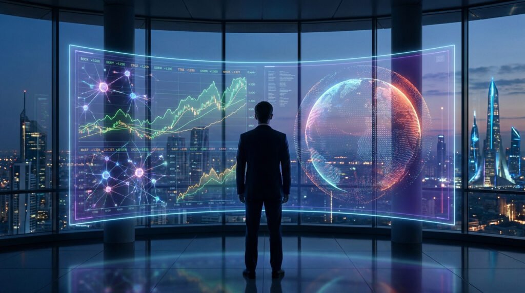 Un homme d'affaires regarde un écran holographique affichant des graphiques financiers et un globe numérique.