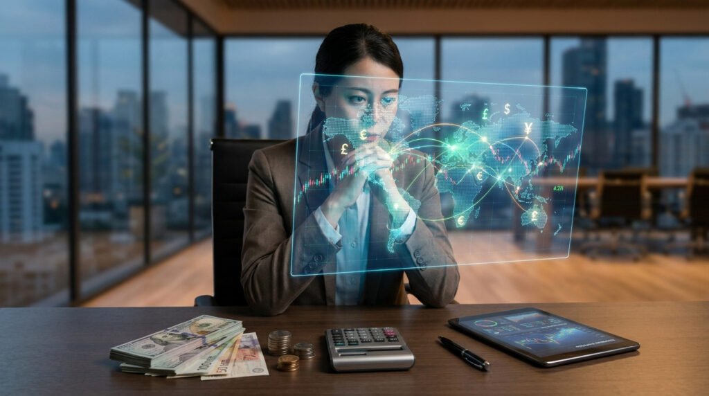 Une femme d'affaires devant une interface numérique holographique affichant une carte du monde et des graphiques financiers.