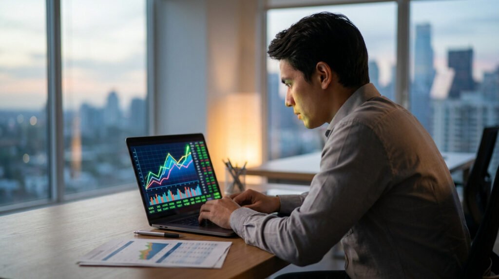 Un jeune homme concentré analyse des graphiques boursiers sur son ordinateur portable dans un bureau avec vue sur la ville.