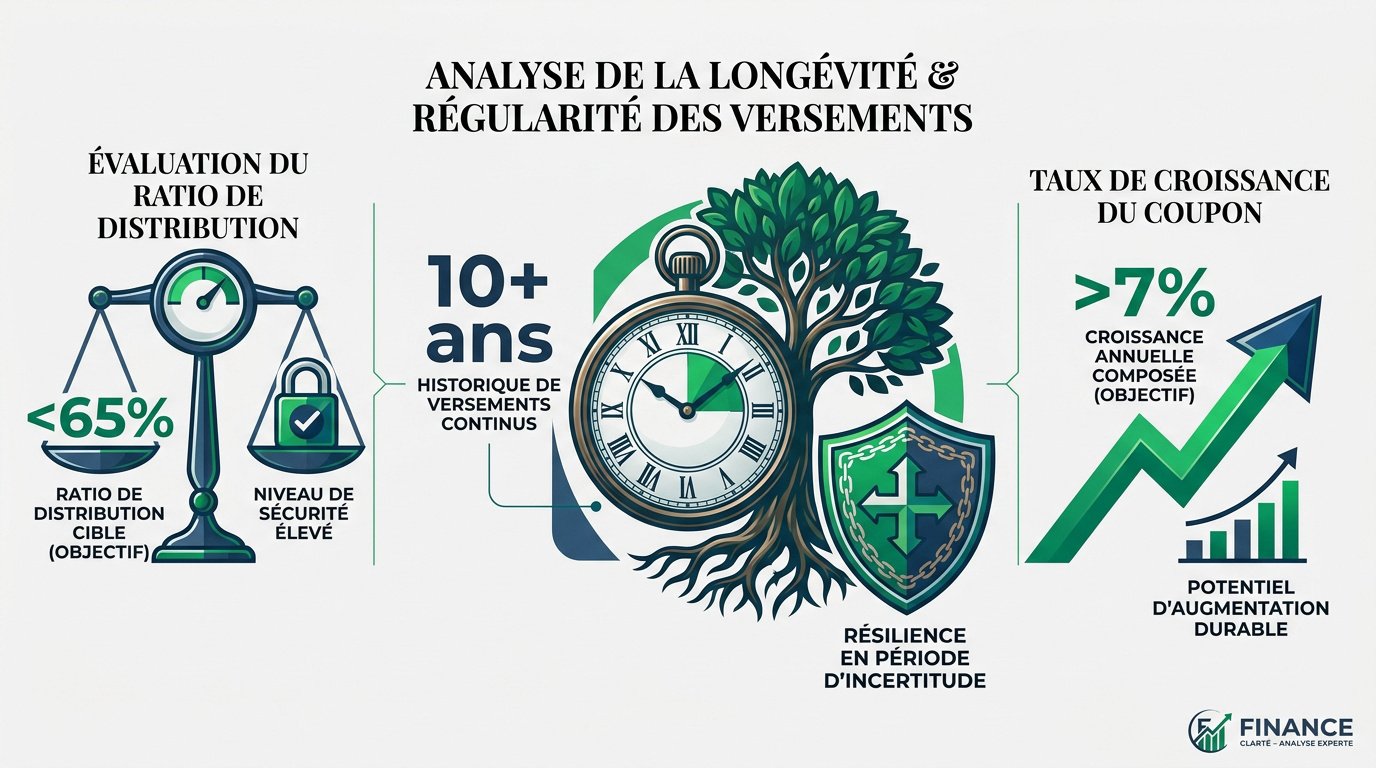 Graphique analysant la longévité et la régularité des versements de dividendes sur dix ans
