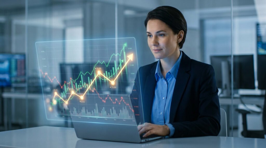 Une analyste financière regarde un graphique boursier holographique devant son ordinateur portable dans un bureau.