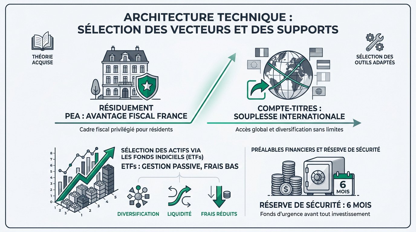 Schéma technique des supports d'investissement PEA et compte-titres pour automatisation