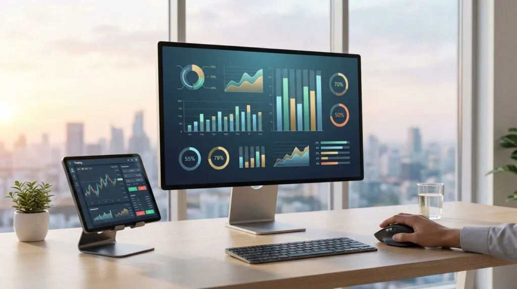 Station de travail avec écran affichant des graphiques boursiers et une tablette tactile pour le trading en ligne.