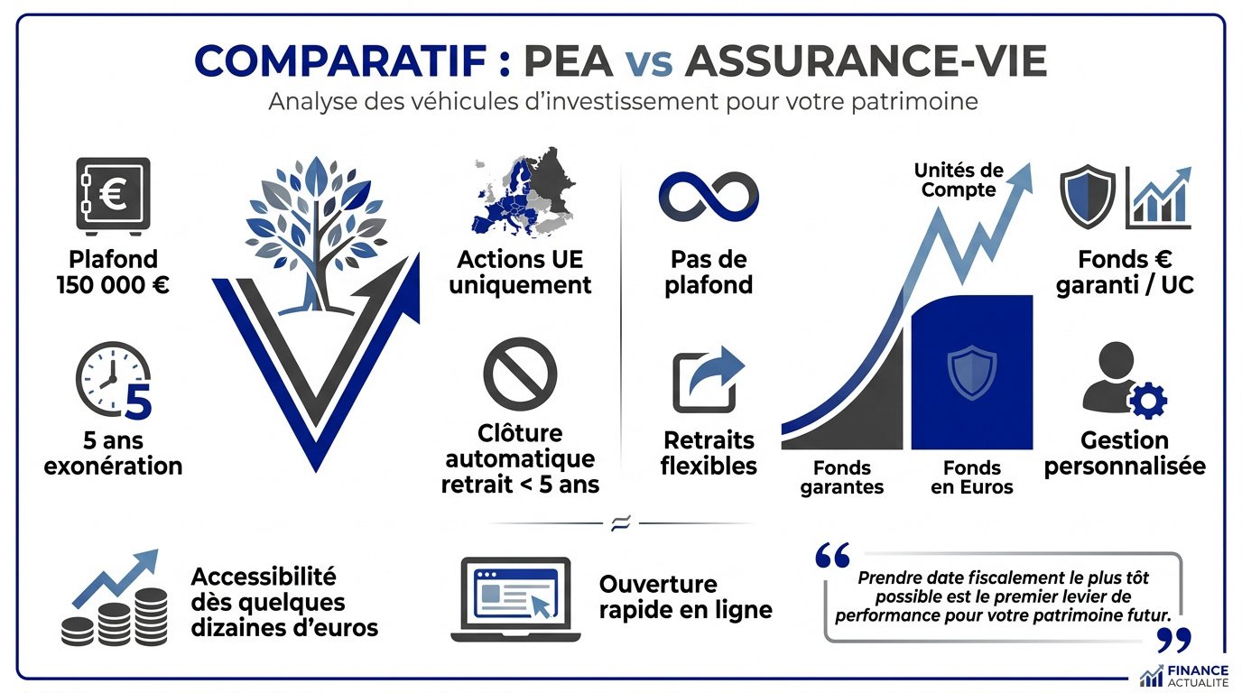 Tableau comparatif des caractéristiques techniques entre le PEA et l'assurance-vie