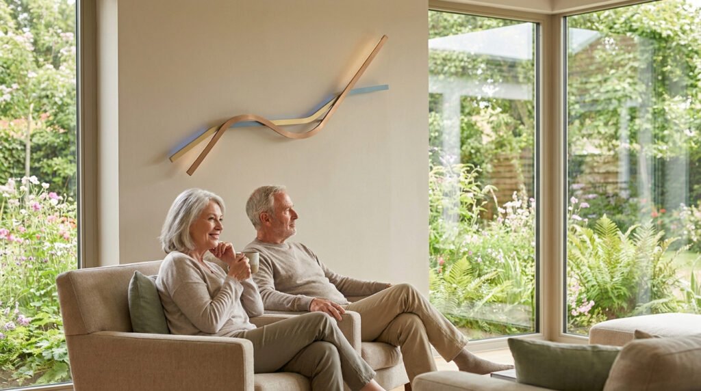 Un couple de retraités serein assis dans un salon lumineux, avec une décoration murale en forme de courbe ascendante.