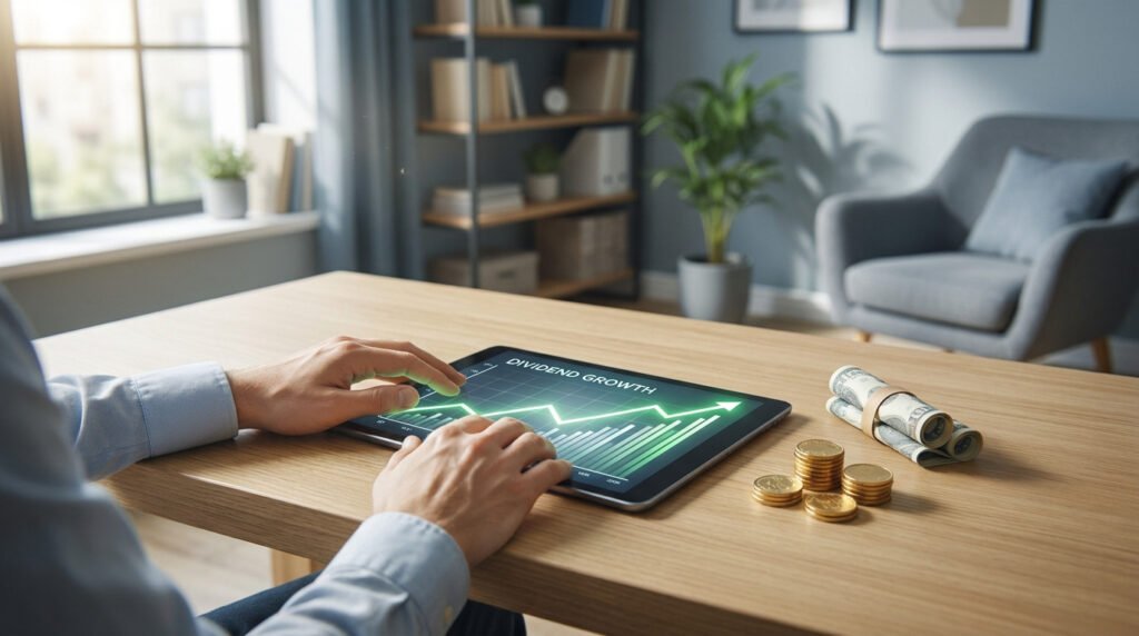 Une personne consulte un graphique de croissance des dividendes sur une tablette, avec des billets et des pièces sur le bureau.