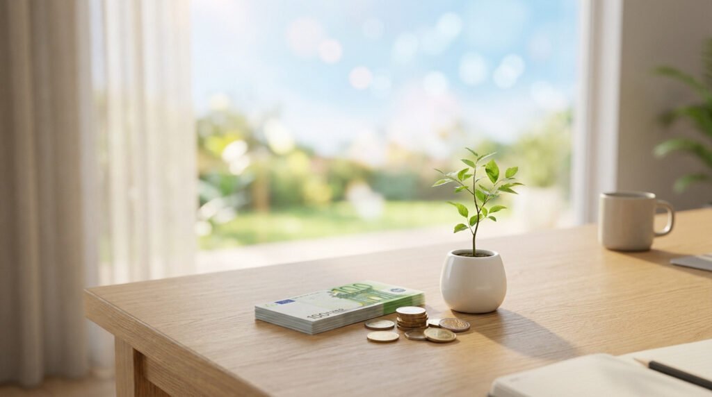 Une petite plante en pot à côté d'un billet de 100 euros et de pièces sur une table en bois devant une fenêtre.