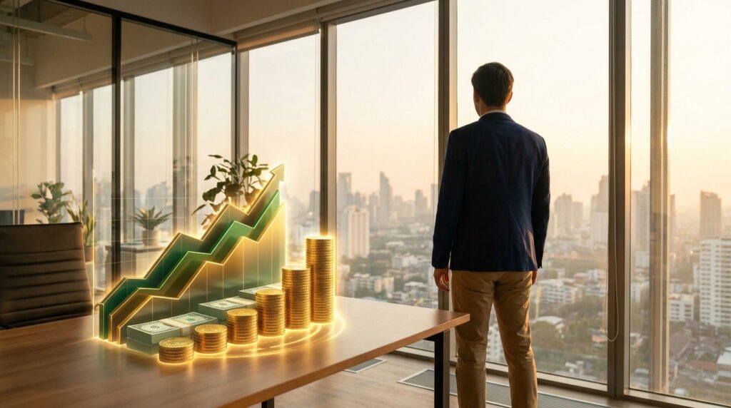 Un homme d'affaires regarde un graphique de croissance financière lumineux sur un bureau face à une vue panoramique urbaine.