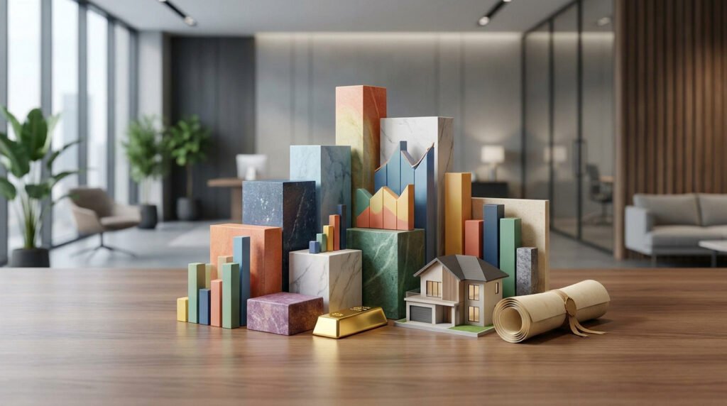 Représentation visuelle d'une diversification d'actifs avec des graphiques, de l'or, une maison et un parchemin.