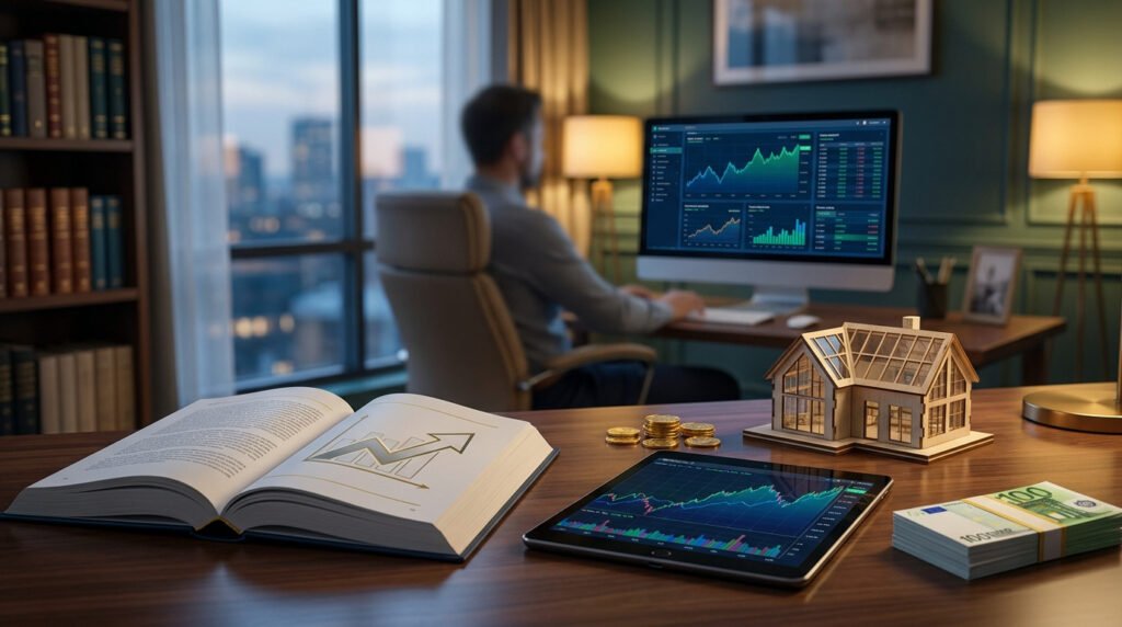 Un bureau avec un livre ouvert, une tablette avec des graphiques boursiers, une maquette de maison et un homme travaillant.