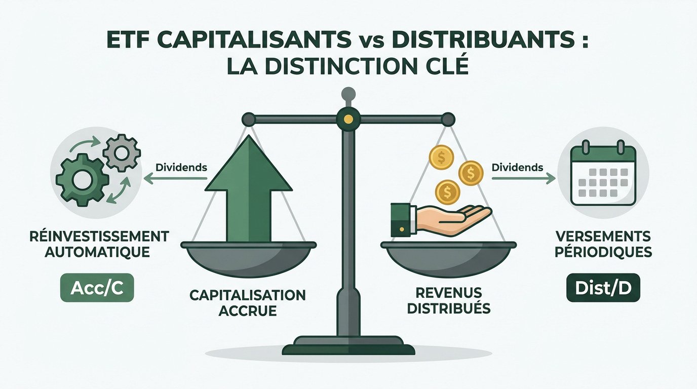 Comparaison visuelle entre le mécanisme de capitalisation et de distribution des dividendes en ETF