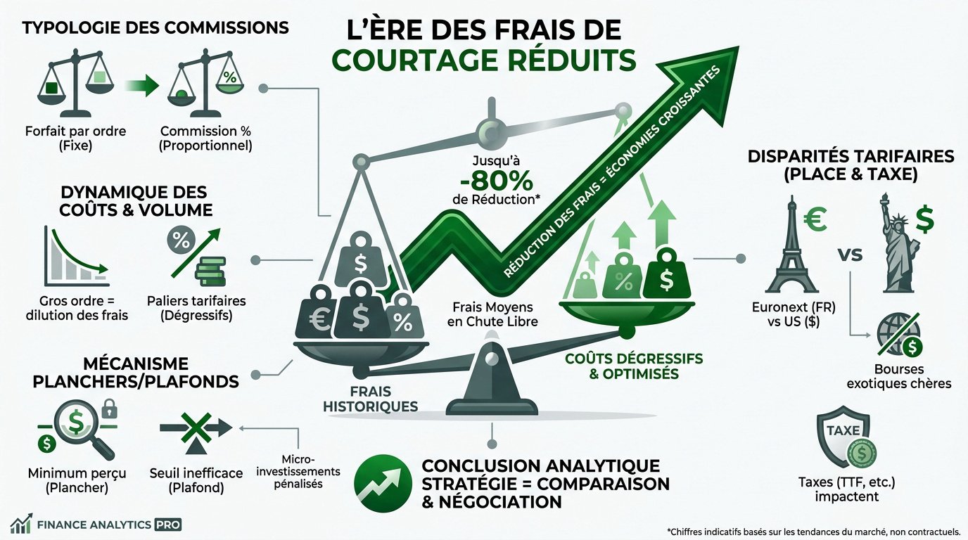 Graphique illustrant la baisse des frais de courtage en bourse