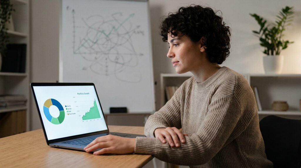 Une femme consulte des graphiques financiers sur son ordinateur portable dans un bureau.