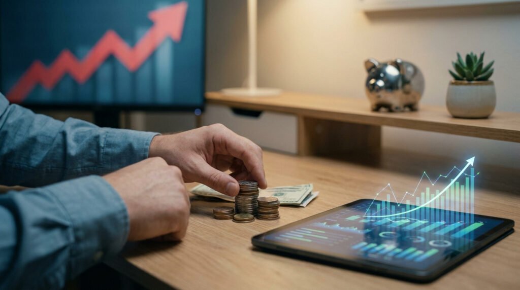 Un investisseur compte des pièces sur un bureau près d'une tablette affichant des graphiques financiers en pleine hausse.