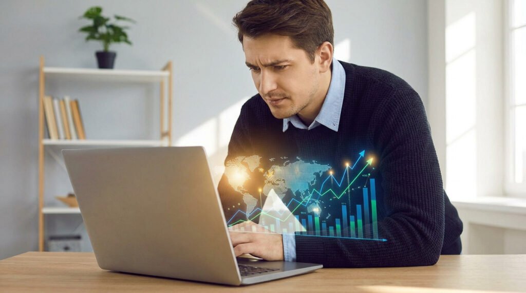 Un homme concentré utilise un ordinateur portable avec une projection holographique d'une carte du monde et de graphiques.