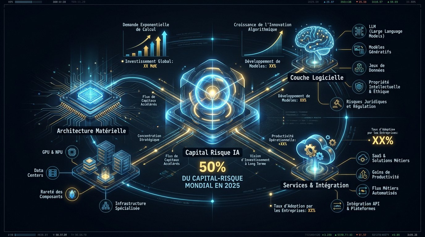 Infographie détaillant l'écosystème de l'investissement dans l'intelligence artificielle en 2025