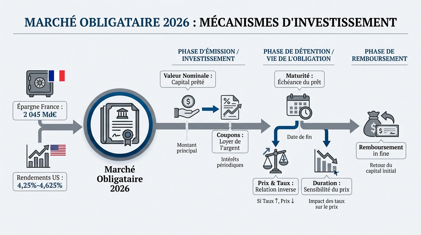 Infographie détaillant les mécanismes de l'investissement obligataire en 2026 : coupons, nominal et maturité
