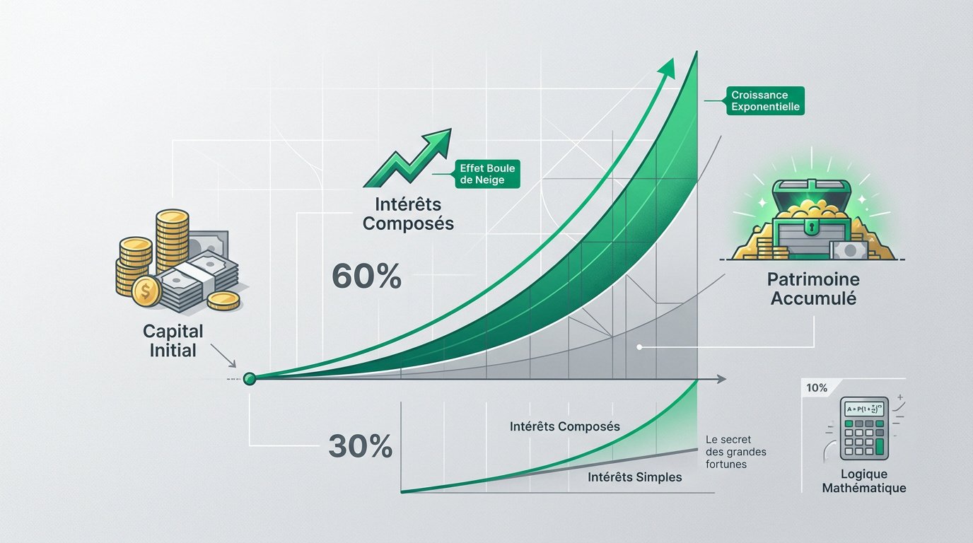 Graphique montrant la croissance exponentielle du patrimoine grâce aux intérêts composés