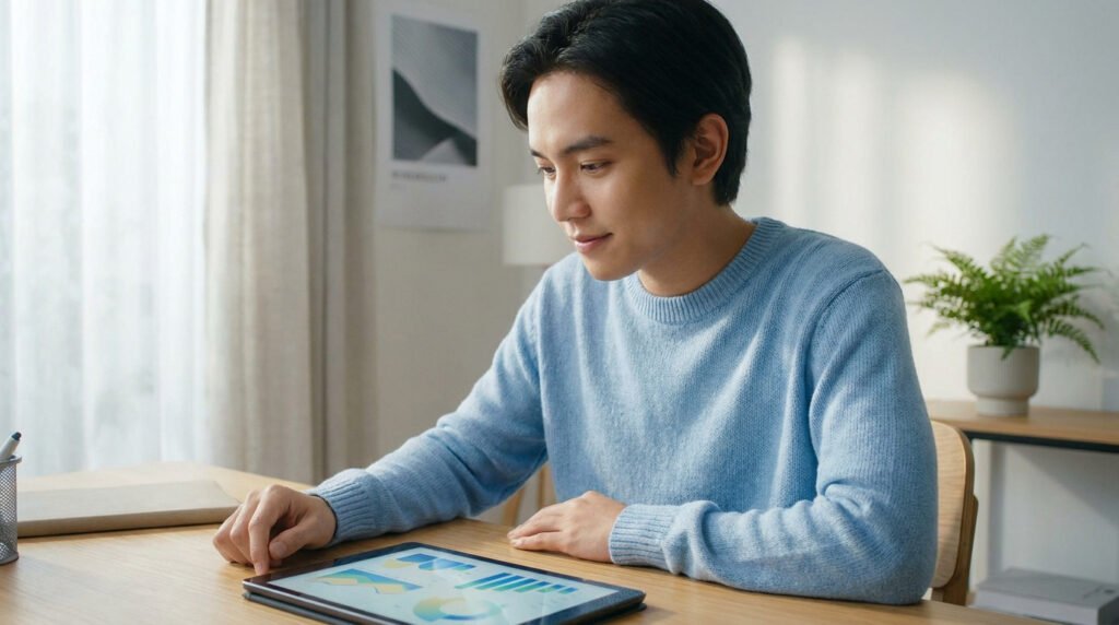 Jeune homme en pull bleu clair regardant des graphiques financiers sur une tablette numérique assis à son bureau.