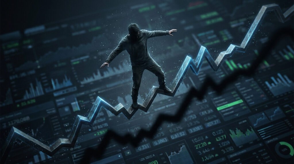 Un homme en équilibre instable sur un graphique boursier en zigzag devant des données financières numériques.