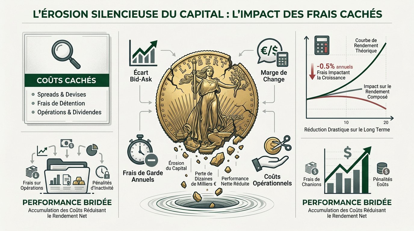 Graphique illustrant l'érosion du capital par les frais de courtage et frais cachés sur le long terme