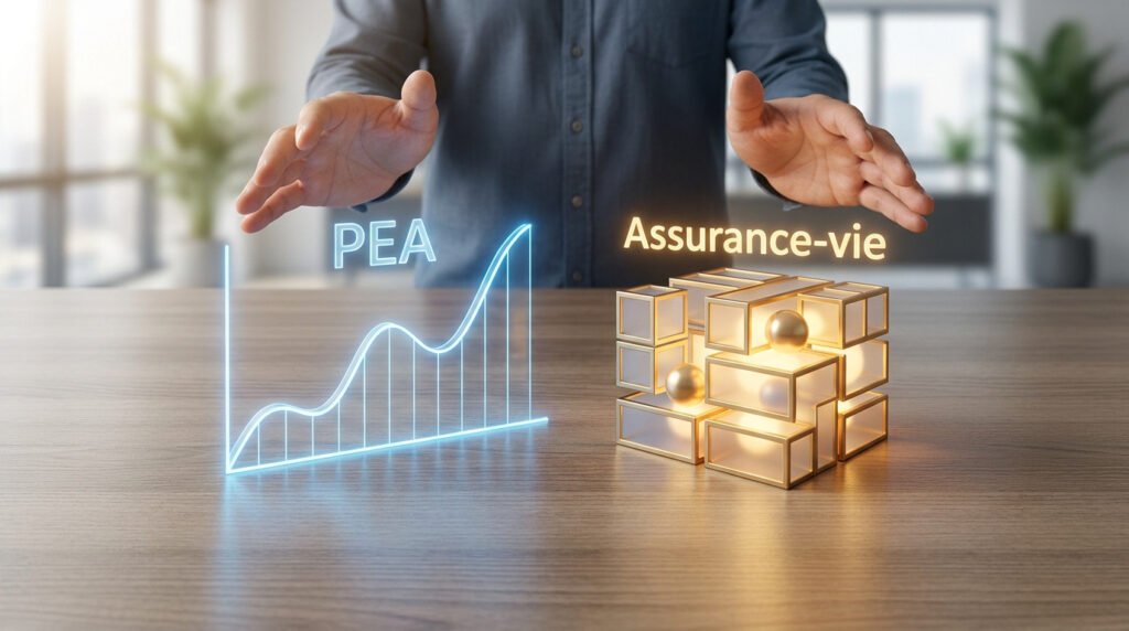 Un homme compare un graphique boursier néon pour le PEA et une structure cubique pour l'assurance-vie sur une table.