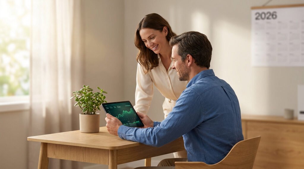 Un couple souriant examine un graphique boursier sur une tablette numérique dans un bureau lumineux.