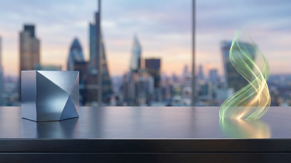 Un cube métallique et une forme abstraite lumineuse sur une table devant un horizon urbain.
