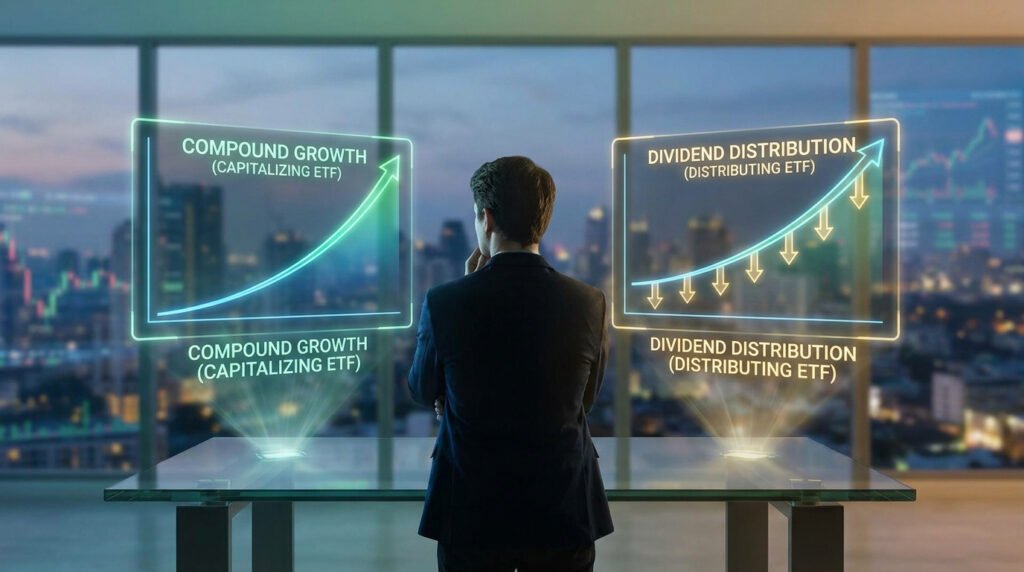 Un investisseur regarde deux écrans holographiques comparant la croissance composée des ETF capitalisants et des ETF distribuants.