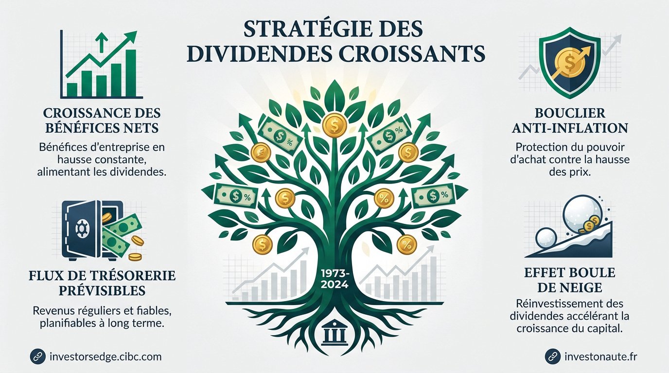 Graphique illustrant la croissance des dividendes et la sécurité du capital sur le long terme
