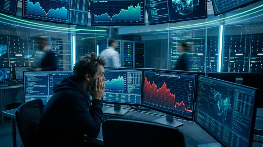Un trader désemparé devant des écrans affichant une chute brutale des cours boursiers dans une salle de serveurs.