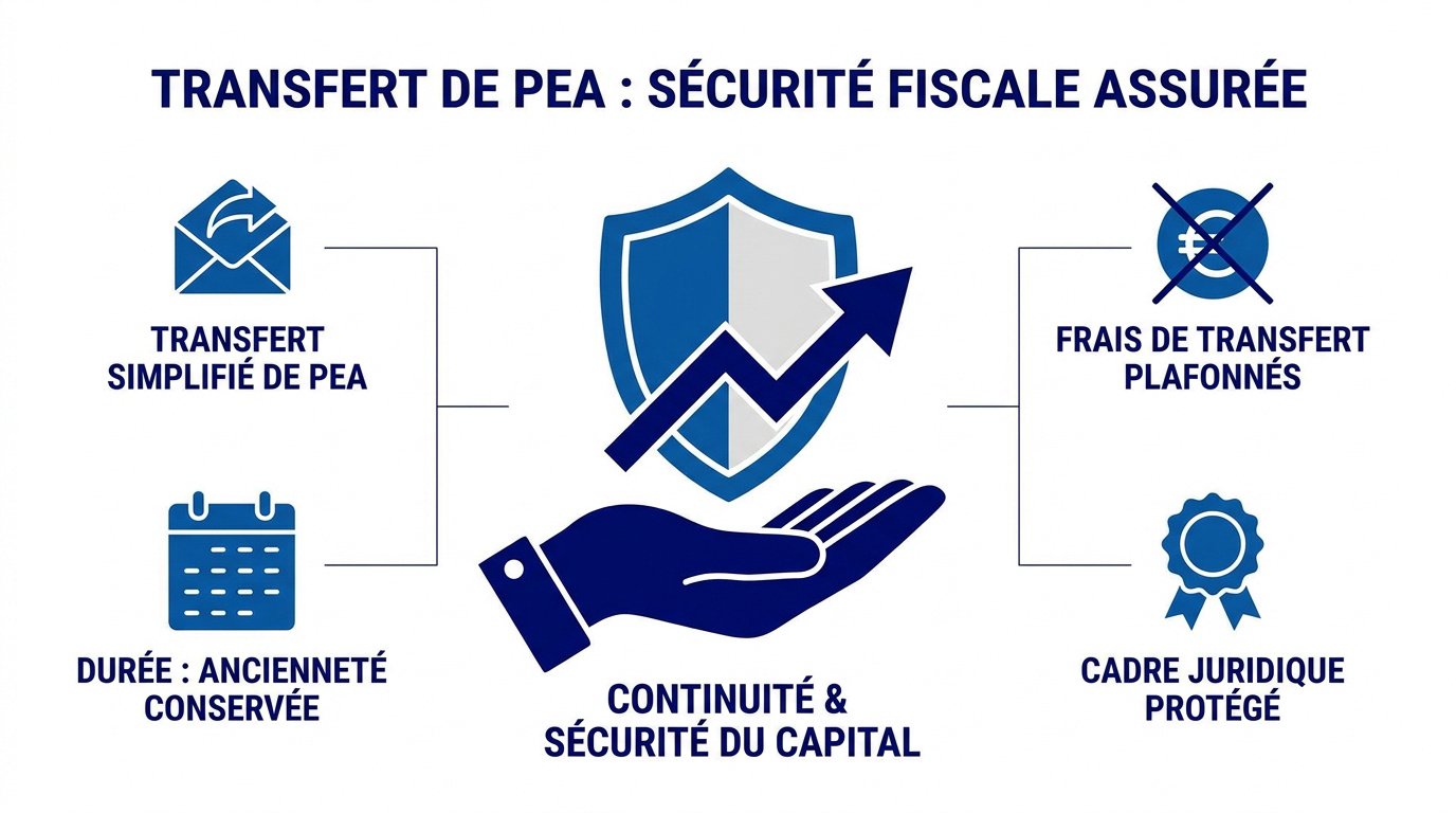 Graphique illustrant la conservation de l'antériorité fiscale lors d'un transfert de PEA