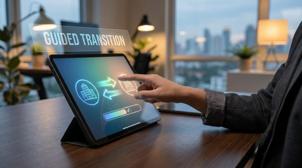 Main utilisant une tablette pour valider un transfert bancaire numérique illustrant une transition guidée.