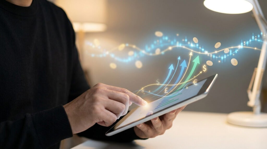 Une personne utilise une tablette affichant des graphiques de croissance financière et des pièces de monnaie flottantes.