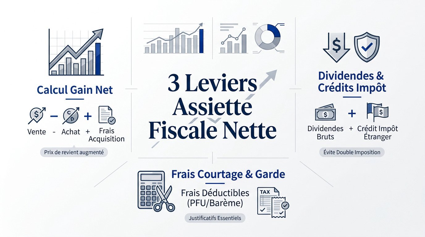 Graphique illustrant le calcul de l'assiette fiscale nette pour la flat tax en bourse