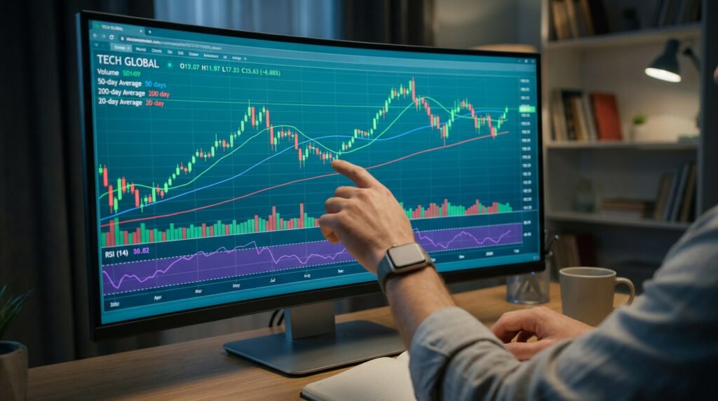 Personne analysant un graphique financier en chandeliers japonais sur un écran panoramique.