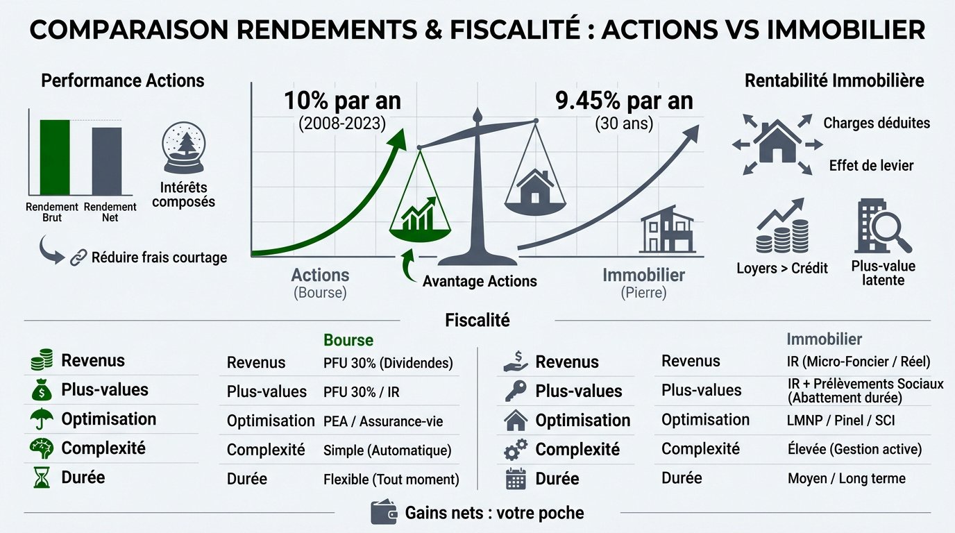 Graphique comparatif des rendements historiques entre actions et immobilier locatif