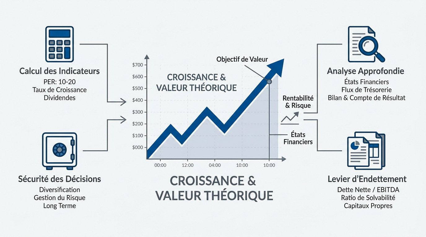 Graphique d'analyse boursière montrant la croissance et la valeur théorique des actions