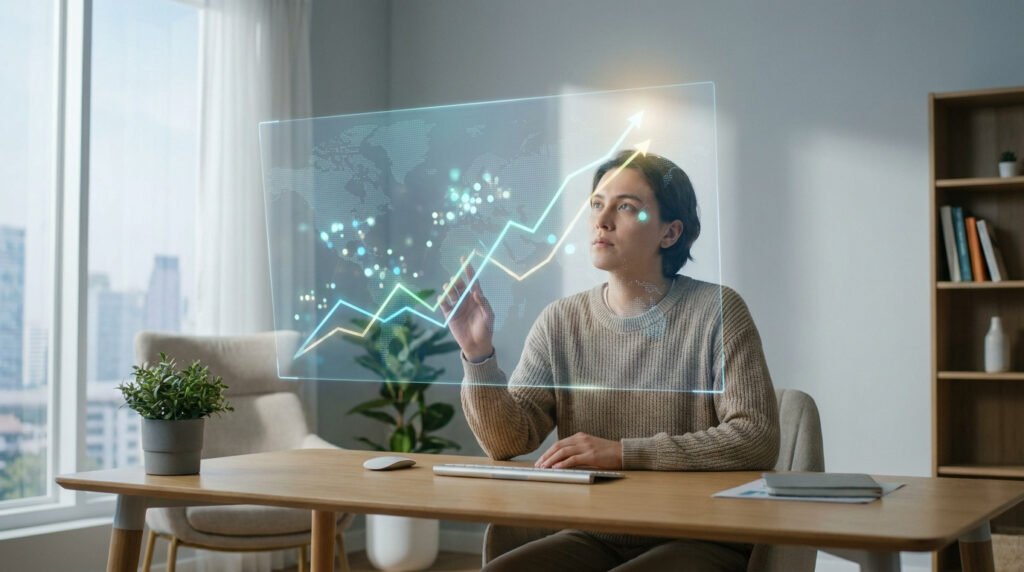 Une personne analyse une carte du monde interactive avec une courbe de croissance boursière en réalité augmentée.