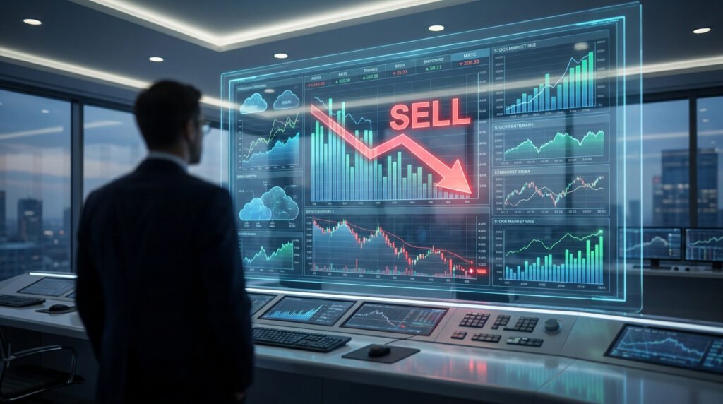 Un trader observe un écran holographique affichant des graphiques boursiers et une flèche rouge pointant le mot "SELL".