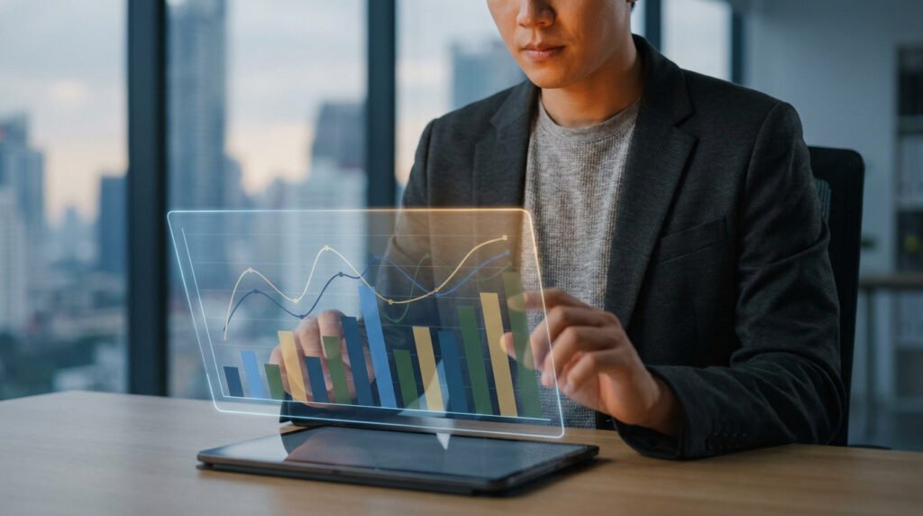 Un homme d'affaires utilise une interface tactile holographique affichant des graphiques financiers dans un bureau.