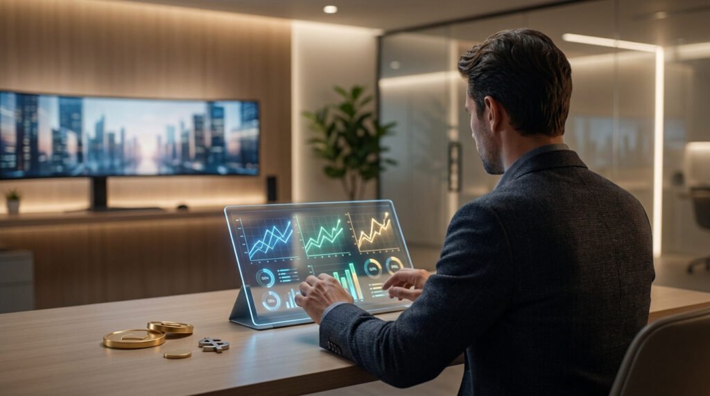 Un investisseur en costume analyse des graphiques boursiers sur une tablette holographique dans un bureau moderne.