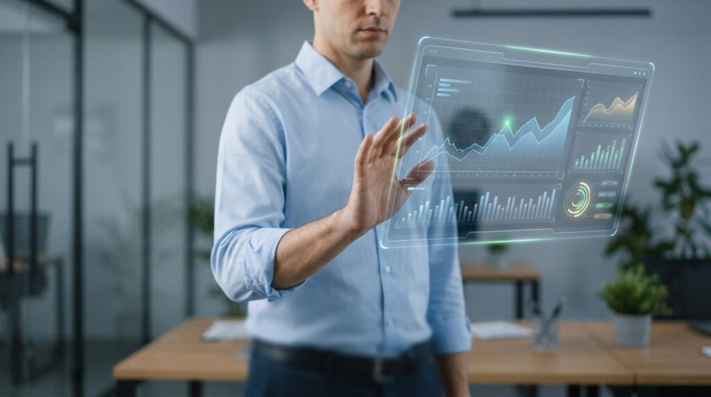 Un homme d'affaires utilisant une interface holographique futuriste affichant des graphiques financiers en temps réel.
