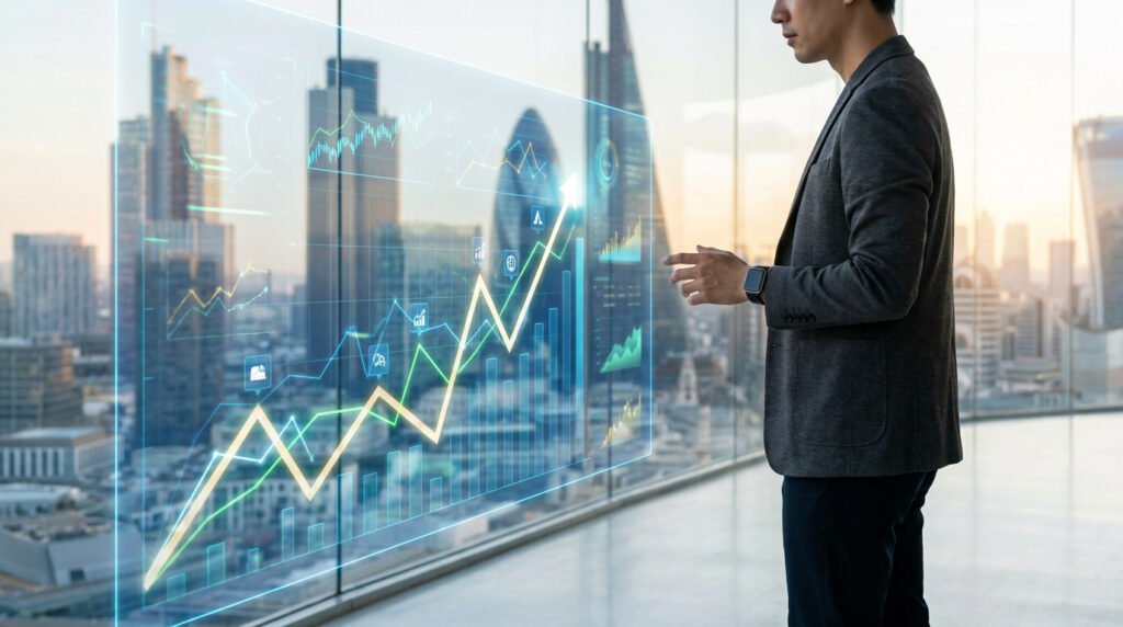 Un homme d'affaires analyse des graphiques de croissance boursière sur une interface numérique futuriste devant un gratte-ciel.