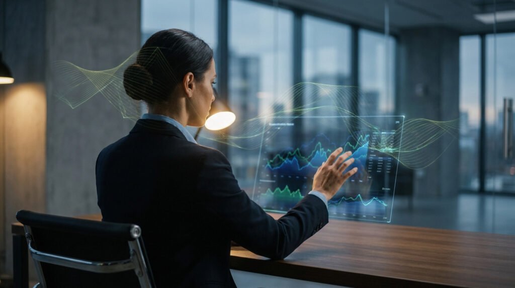 Une femme d'affaires analyse des graphiques boursiers sur un écran tactile holographique dans un bureau moderne.